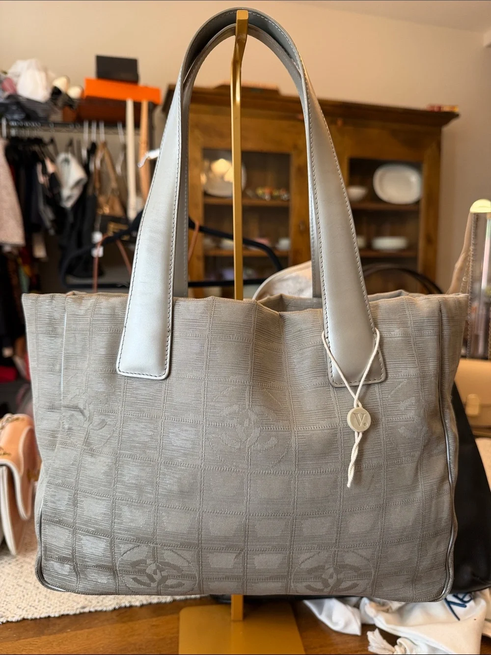 CHANEL Gray Quilted Canvas and Leather Tote